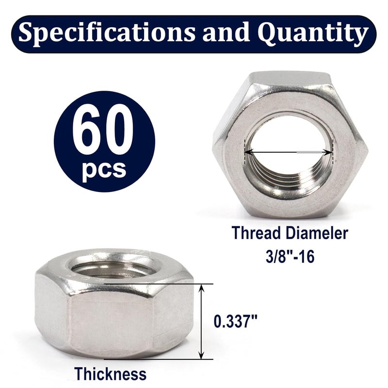 ZQZ 3/8"-16 Hex Nuts,60 Pack 304 (A2-70) Stainless Steel Hardware Nuts,Standard Inch Coarse Thread Nuts - Image 2